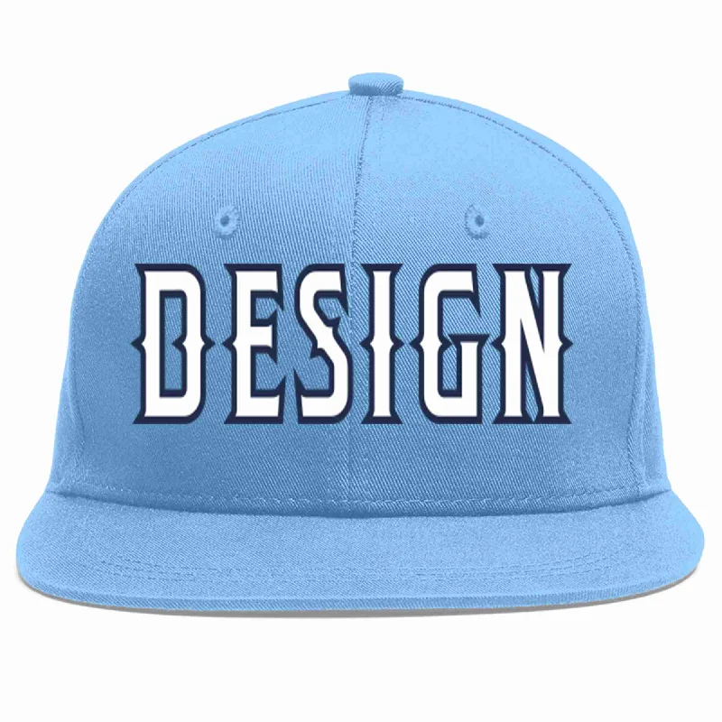 Baseball Cap For Youth Leagues-Custom Light Blue White-Navy Flat Eaves Sport Baseball Cap Design for Men/Women/Youth