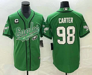 Baseball Jersey With Custom Graphics-Men's Philadelphia Eagles #98 Jalen Carter Green C Patch Cool Base Stitched Baseball Jersey