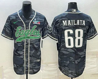 Baseball Jersey For Limited-Time Orders-Men's Philadelphia Eagles #68 Jordan Mailata Grey Camo With Super Bowl LVII Patch Cool Base Stitched Baseball Jersey