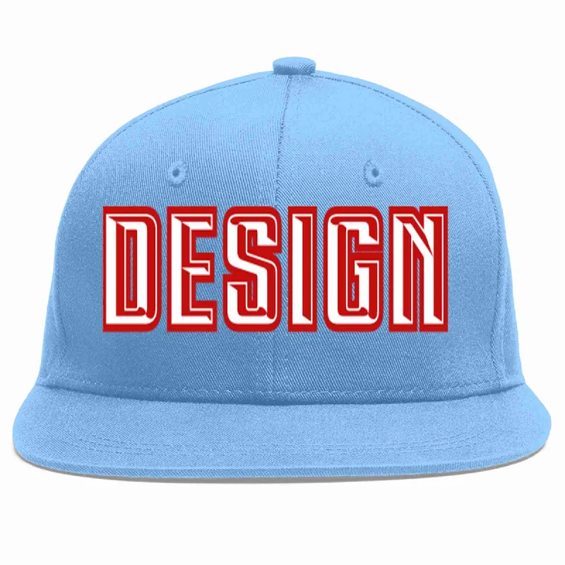 Baseball Cap For Custom Sizing-Custom Light Blue White-Red Flat Eaves Sport Baseball Cap Design for Men/Women/Youth