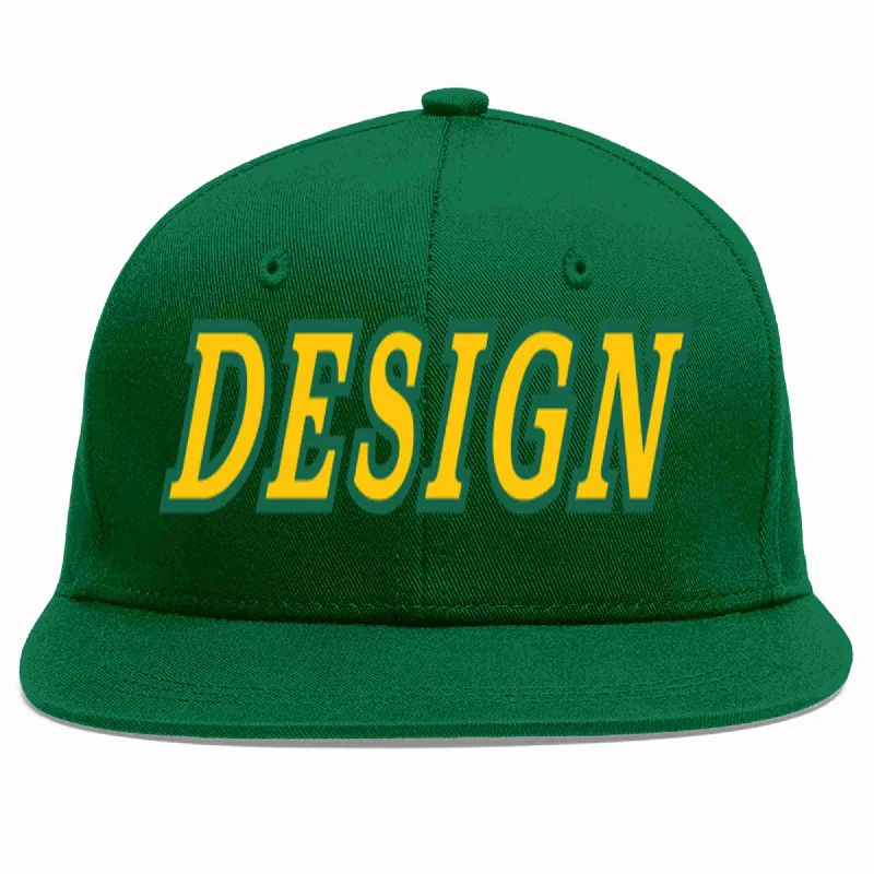 Baseball Cap For Softball And Baseball Events-Custom Green Gold-Kelly Green Flat Eaves Sport Baseball Cap Design for Men/Women/Youth