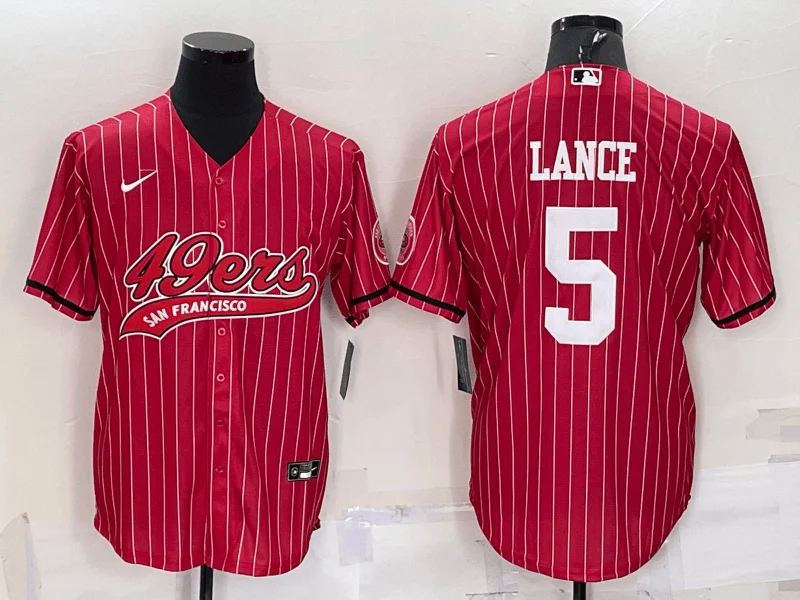 Baseball Jersey For League Teams-Men's San Francisco 49ers #5 Trey Lance Red Pinstripe With Patch Cool Base Stitched Baseball Jersey