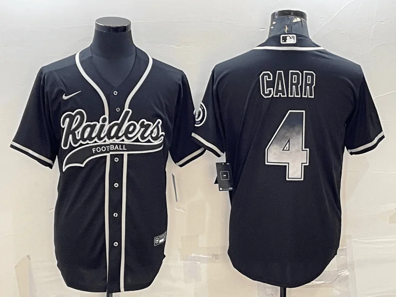 Baseball Jersey For College Tournament Teams-Men's Las Vegas Raiders #4 Derek Carr Black Gold With Patch Cool Base Stitched Baseball Jersey