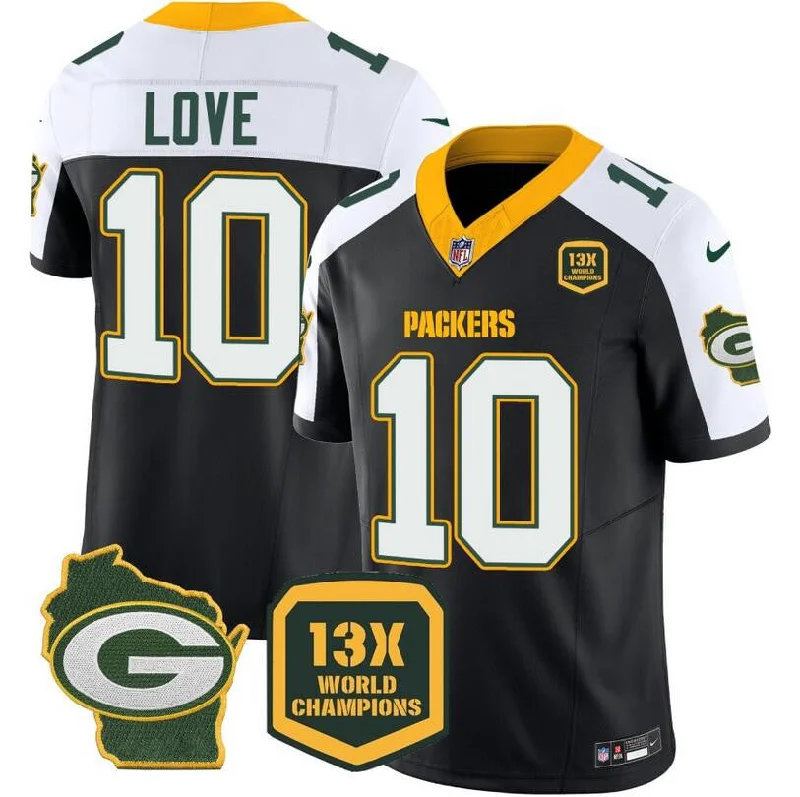 Football Jersey For Fundraisers-Men's Green Bay Packers #10 Jordan Love Black/White 2023 F.U.S.E. Home Patch 13 Time World Champions Vapor Untouchable Limited Football Stitched Jersey