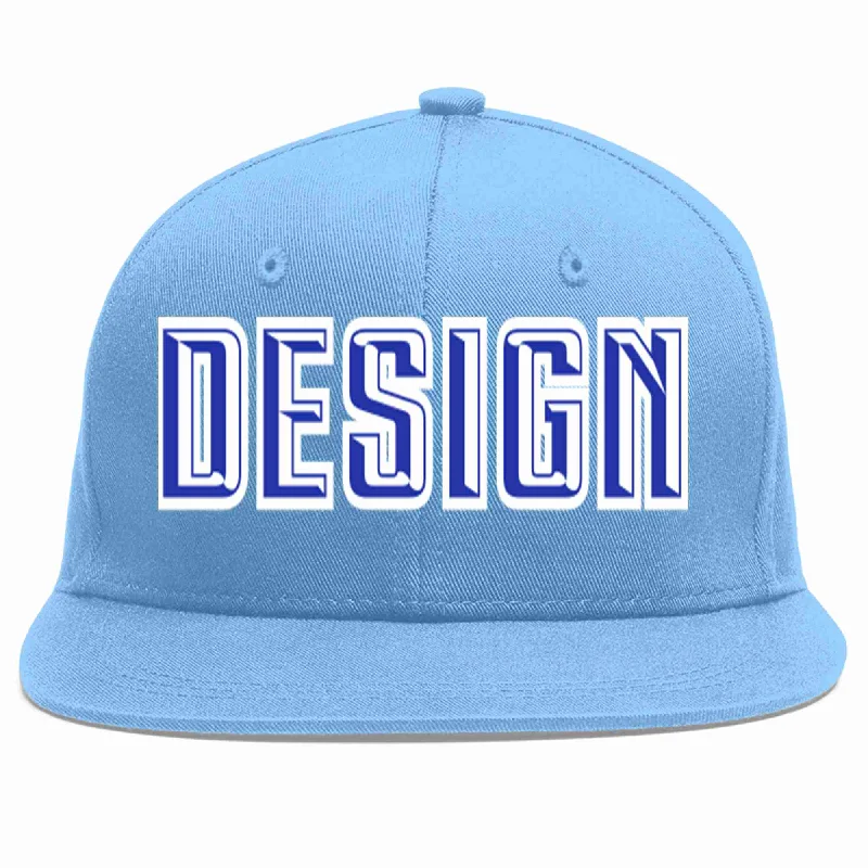 Baseball Cap For Custom Fan Apparel-Custom Light Blue Royal-White Flat Eaves Sport Baseball Cap Design for Men/Women/Youth