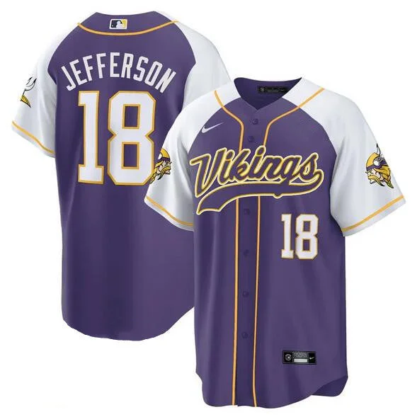 Baseball Jersey For Player Merchandise-Men's Minnesota Vikings #18 Justin Jefferson Purple/White Cool Base Stitched Baseball Jersey