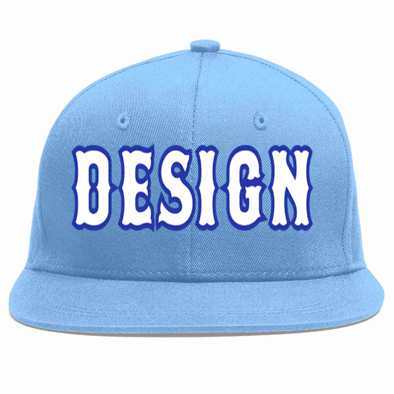 Baseball Cap For Outdoor Sporting Events-Custom Light Blue White-Royal Flat Eaves Sport Baseball Cap Design for Men/Women/Youth