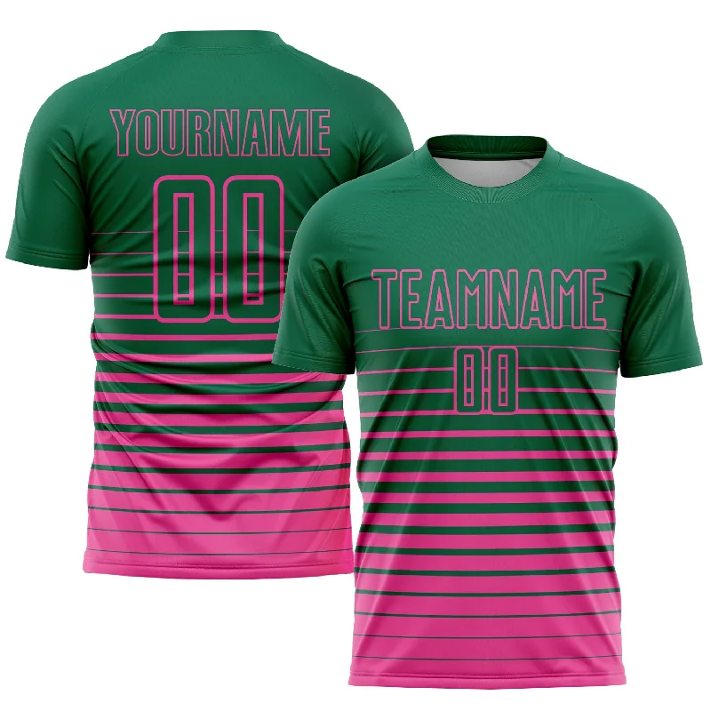 Football Jersey For Team Apparel-Custom Kelly Green Pink Pinstripe Fade Fashion Sublimation Soccer Uniform Jersey