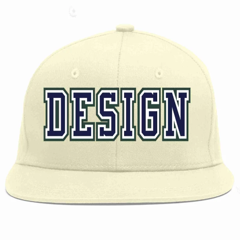 Baseball Cap For Comfortable Wear-Custom Cream Navy-White Flat Eaves Sport Baseball Cap Design for Men/Women/Youth