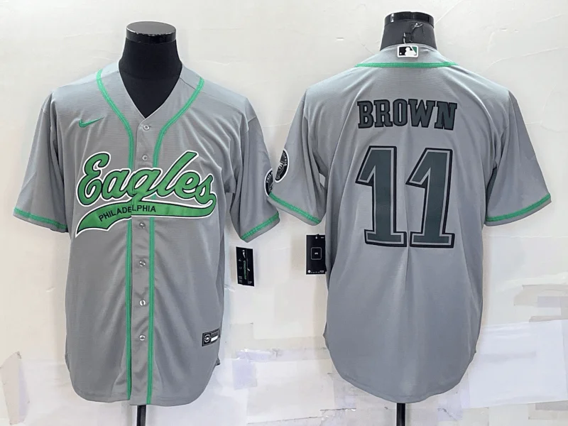 Baseball Jersey For Custom Designs-Men's Philadelphia Eagles #11 AJ Brown Grey With Patch Cool Base Stitched Baseball Jersey