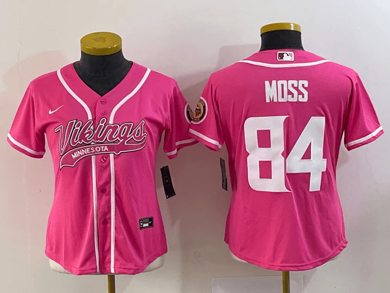 Baseball Jersey For Personalized Youth Gear-Women's Minnesota Vikings #84 Randy Moss Pink With Patch Cool Base Stitched Baseball Jersey(Run Small)