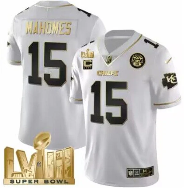 Football Jersey For Holiday Gifts-Men's Kansas City Chiefs #15 Patrick Mahomes White With Gold Super Bowl LVIII Patch And 4-Star C Patch Vapor Untouchable Limited Football Stitched Jersey