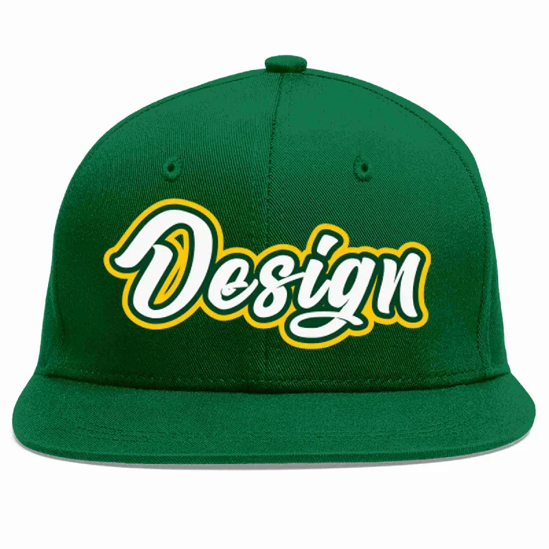 Baseball Cap For Official Teams-Custom Green White-Kelly Green Flat Eaves Sport Baseball Cap Design for Men/Women/Youth