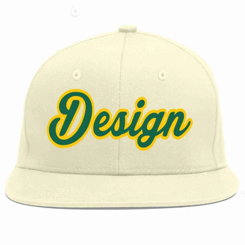 Baseball Cap With Creative Artwork-Custom Cream Kelly Green-Gold Flat Eaves Sport Baseball Cap Design for Men/Women/Youth