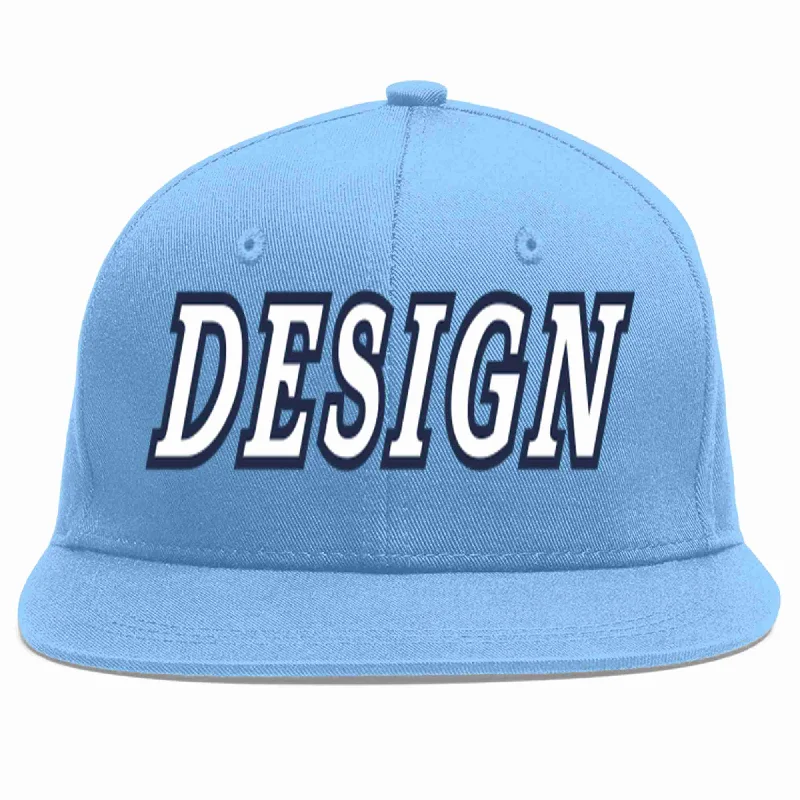 Baseball Cap For Personalized Designs-Custom Light Blue White-Navy Flat Eaves Sport Baseball Cap Design for Men/Women/Youth