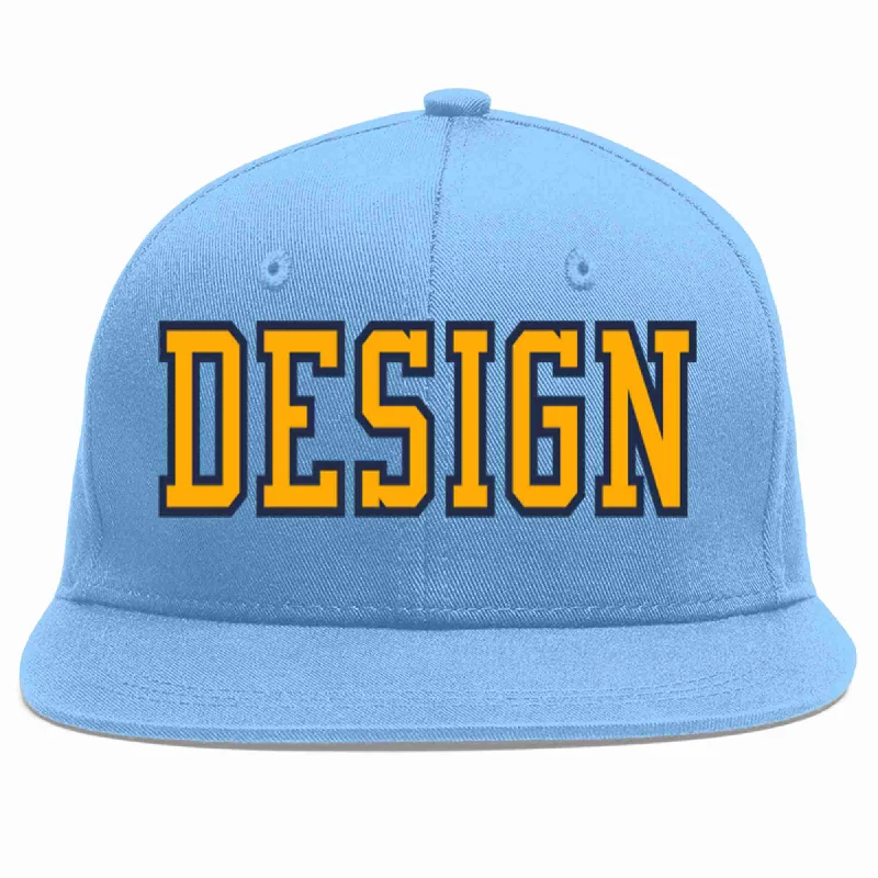 Baseball Cap For School Events-Custom Light Blue Yellow-Navy Flat Eaves Sport Baseball Cap Design for Men/Women/Youth