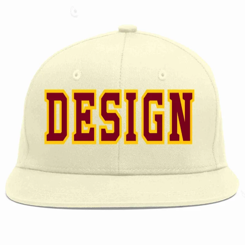 Baseball Cap For Event Apparel-Custom Cream Crimson-Gold Flat Eaves Sport Baseball Cap Design for Men/Women/Youth