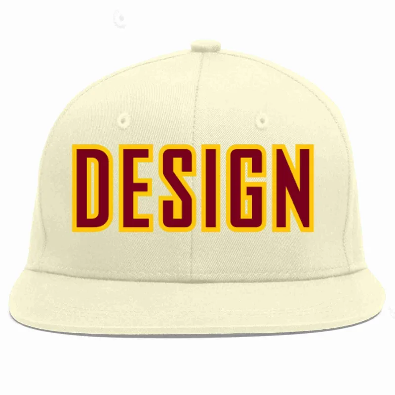 Baseball Cap For Competitive Events-Custom Cream Crimson-Gold Flat Eaves Sport Baseball Cap Design for Men/Women/Youth