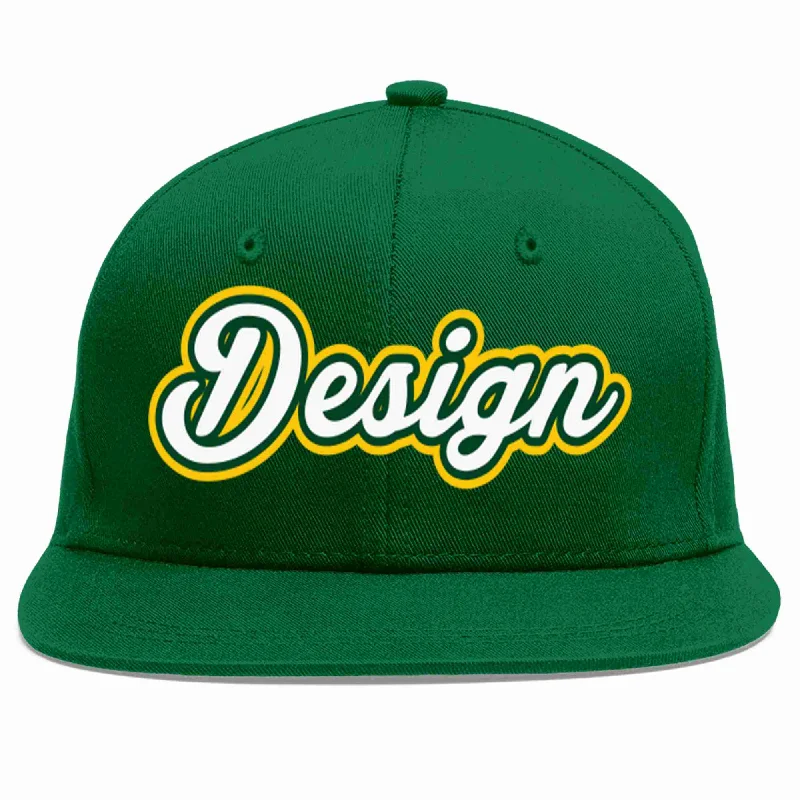 Baseball Cap For Sports Leagues-Custom Green White-Kelly Green Flat Eaves Sport Baseball Cap Design for Men/Women/Youth