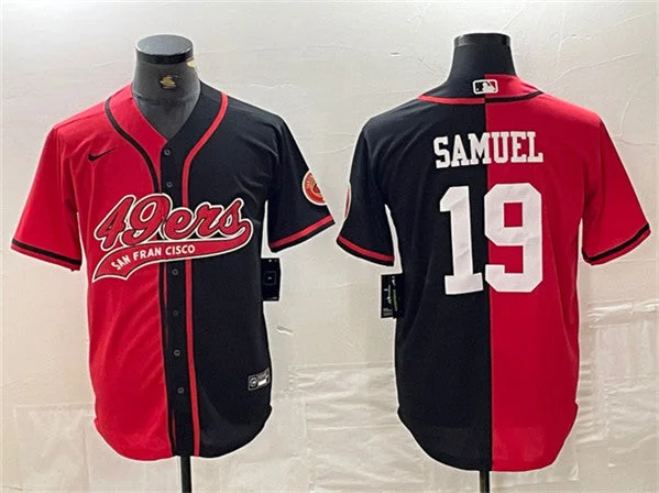 Baseball Jersey For Personalized Fan Gear-Men's San Francisco 49ers #19 Deebo Samuel Red/Black Split With Patch Cool Base Stitched Baseball Jersey