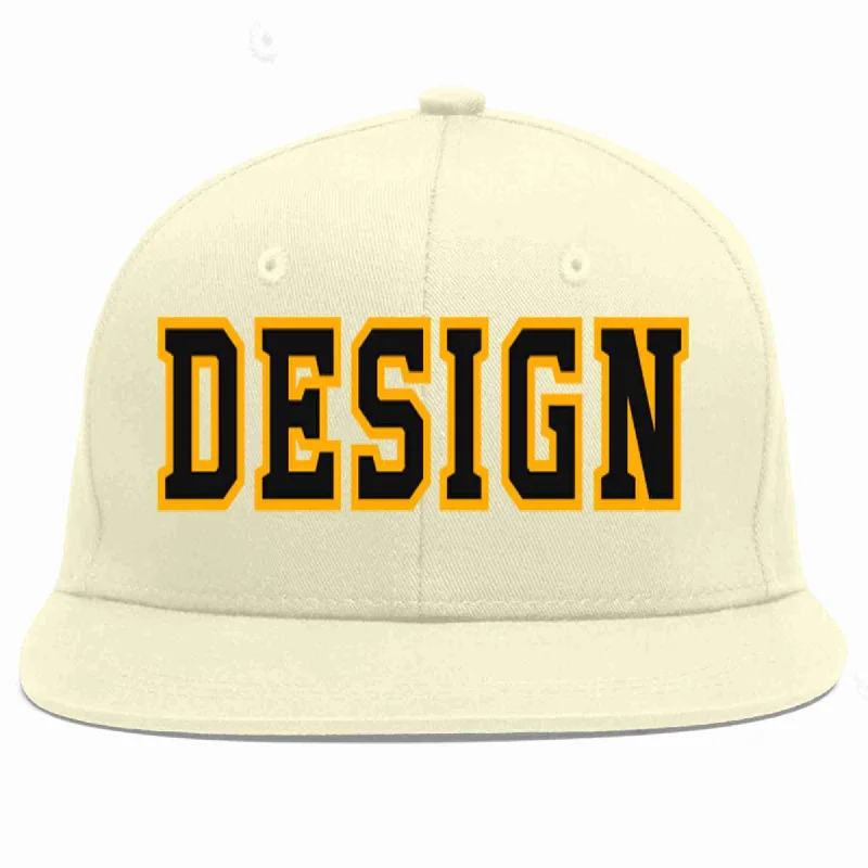 Baseball Cap For School And College Teams-Custom Cream Black-Yellow Flat Eaves Sport Baseball Cap Design for Men/Women/Youth