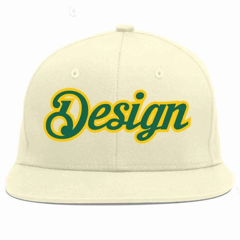 Baseball Cap For Sports Events-Custom Cream Kelly Green-Gold Flat Eaves Sport Baseball Cap Design for Men/Women/Youth