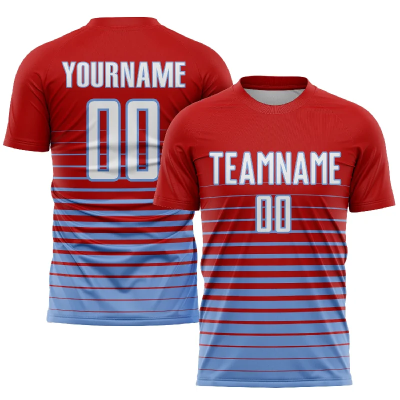 Football Jersey For School Spirit-Custom Red White-Light Blue Pinstripe Fade Fashion Sublimation Soccer Uniform Jersey