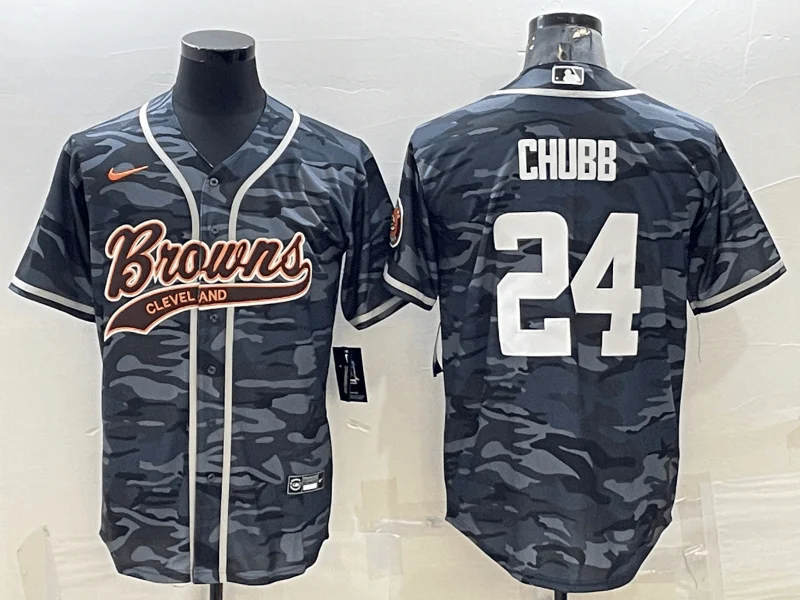 Baseball Jersey With Player And Team Numbers-Men's Cleveland Browns #24 Nick Chubb Grey Camo With Patch Cool Base Stitched Baseball Jersey