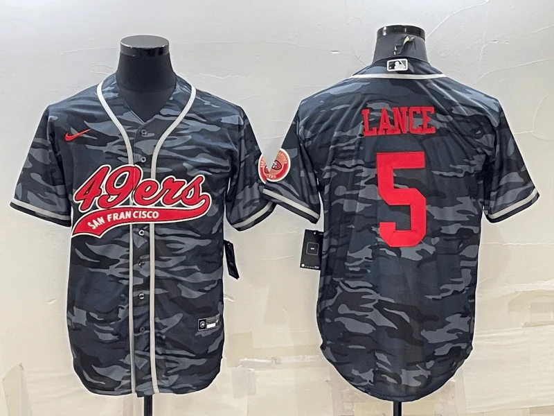 Baseball Jersey For Supporter Event Gear-Men's San Francisco 49ers #5 Trey Lance Grey Camo With Patch Cool Base Stitched Baseball Jersey