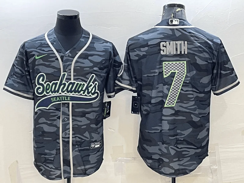 Baseball Jersey For High School Events-Men's Seattle Seahawks #7 Geno Smith Grey Camo With Patch Cool Base Stitched Baseball Jersey