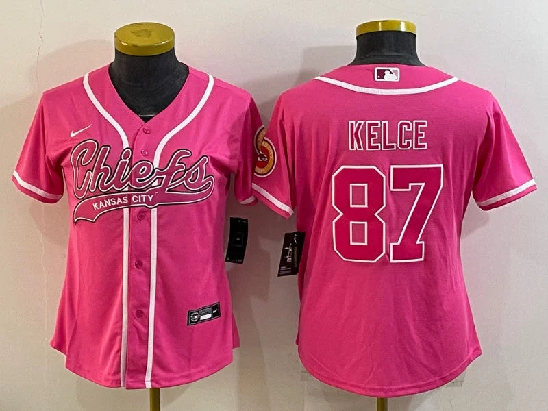 Baseball Jersey For Fundraiser Apparel-Women's Kansas City Chiefs #87 Travis Kelce Pink With Patch Cool Base Stitched Baseball Jersey(Run Small)