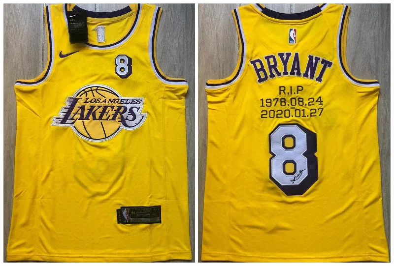 Basketball Jersey With Unique Player Numbering-Lakers 8 Kobe Bryant Yellow R.I.P Signature Swingman Basketball Jersey