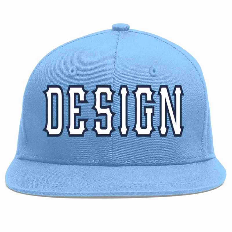 Baseball Cap For Team Apparel-Custom Light Blue White-Navy Flat Eaves Sport Baseball Cap Design for Men/Women/Youth