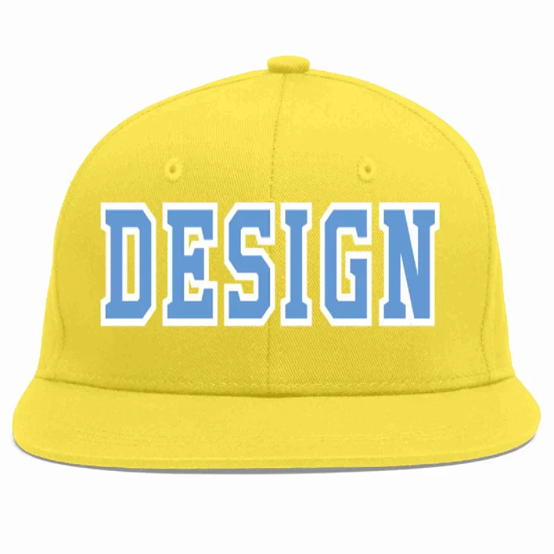 Baseball Cap With Custom Numbers And Names-Custom Light Gold Light Blue-White Flat Eaves Sport Baseball Cap Design for Men/Women/Youth