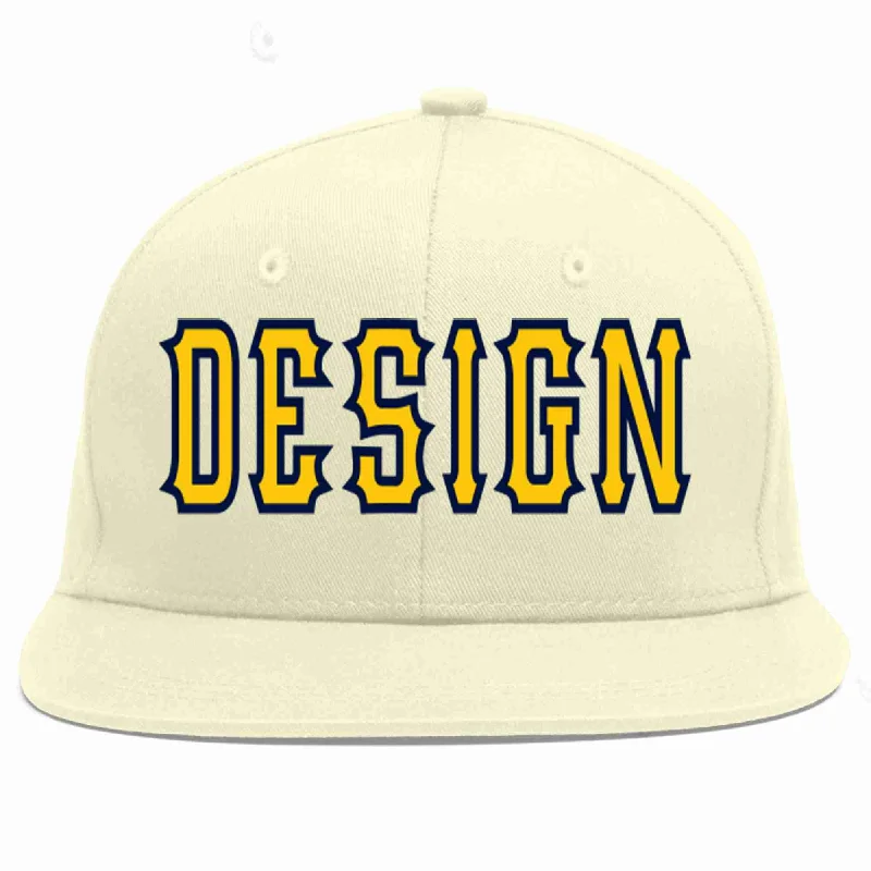 Baseball Cap For Comfortable Fit-Custom Cream Gold-Navy Flat Eaves Sport Baseball Cap Design for Men/Women/Youth