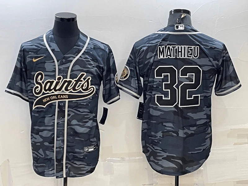 Baseball Jersey For Supporter Event Gear-Men's New Orleans Saints #32 Tyrann Mathieu Grey Camo With Patch Cool Base Stitched Baseball Jersey