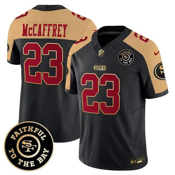 Football Jersey With Custom Embroidered Designs-Men's San Francisco 49ers #23 Christian McCaffrey Black/Gold 2023 F.U.S.E. Faithful To The Bay Patch Football Stitched Jersey