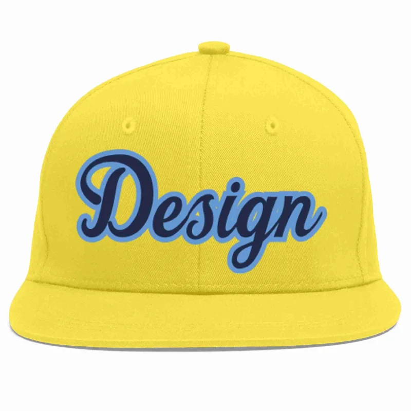 Baseball Cap For Elite Teams-Custom Light Gold Navy-Light Blue Flat Eaves Sport Baseball Cap Design for Men/Women/Youth