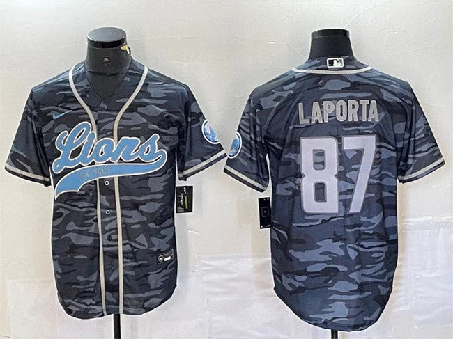 Baseball Jersey For Official League Orders-Men's Detroit Lions #87 Sam LaPorta Gray Camo Cool Base Stitched Baseball Jersey