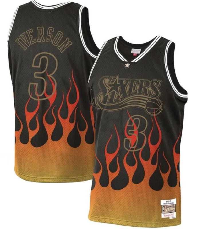 Basketball Jersey For School Tournament Teams-76ers 3 Allen Iverson Black 2000-01 Hardwood Classics Flames Swingman Basketball Jersey