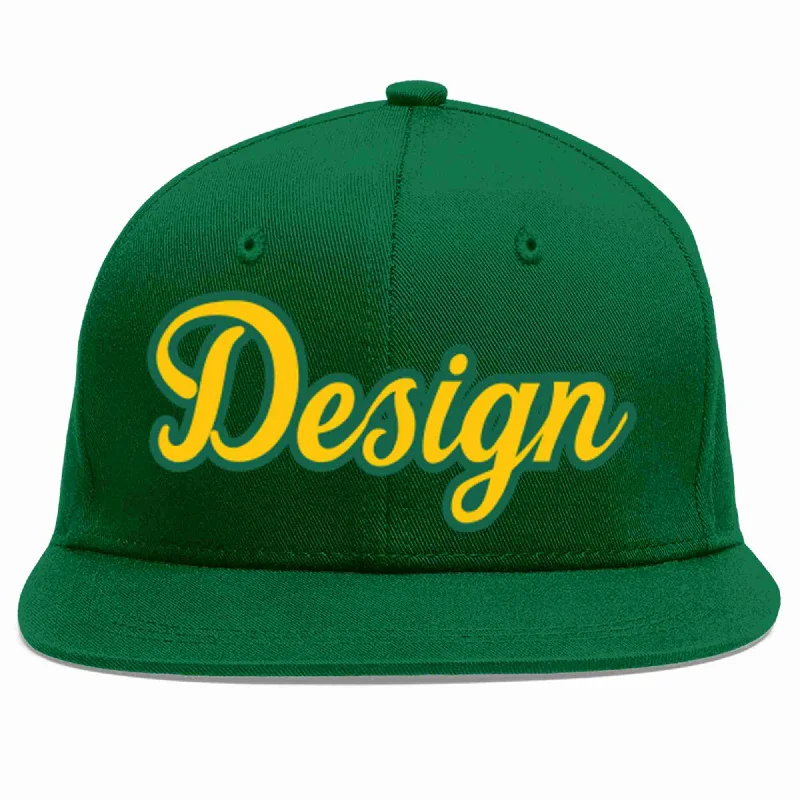 Baseball Cap For Fans And Supporters-Custom Green Gold-Kelly Green Flat Eaves Sport Baseball Cap Design for Men/Women/Youth