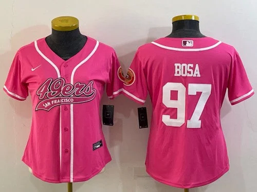 Baseball Jersey For Merchandise Customization-Women's San Francisco 49ers #97 Nick Bosa Pink With Patch Cool Base Stitched Baseball Jersey(Run Small)