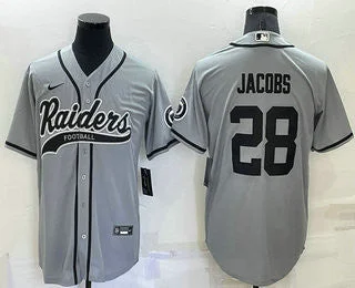 Baseball Jersey For Kids-Men's Las Vegas Raiders #28 Josh Jacobs Grey Stitched Cool Base Baseball Jersey