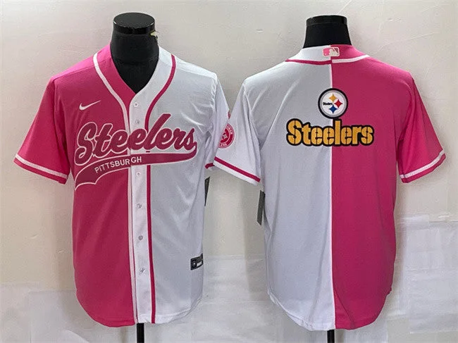 Baseball Jersey With Custom Text-Men's Pittsburgh Steelers White Pink Split Team Big Logo Cool Base Stitched Baseball Jersey