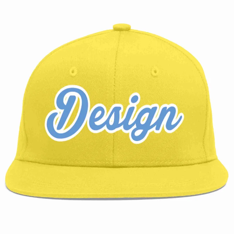 Personalized Baseball Cap-Custom Light Gold Light Blue-White Flat Eaves Sport Baseball Cap Design for Men/Women/Youth