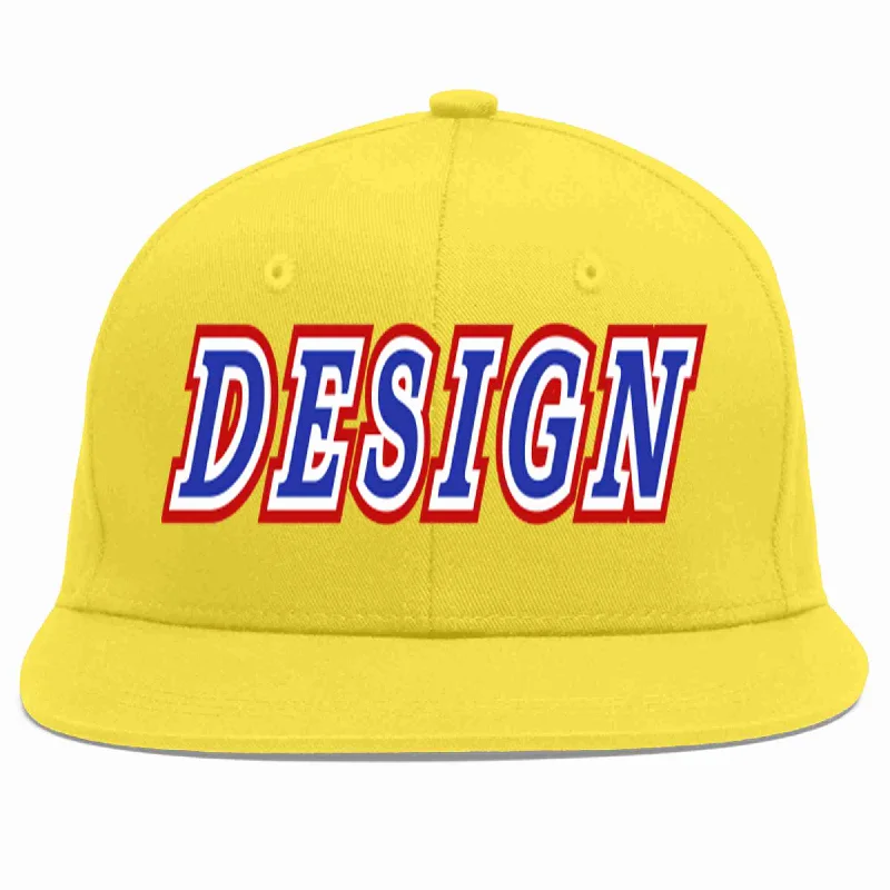 Baseball Cap For Custom Fan Apparel-Custom Light Gold Royal-White Flat Eaves Sport Baseball Cap Design for Men/Women/Youth