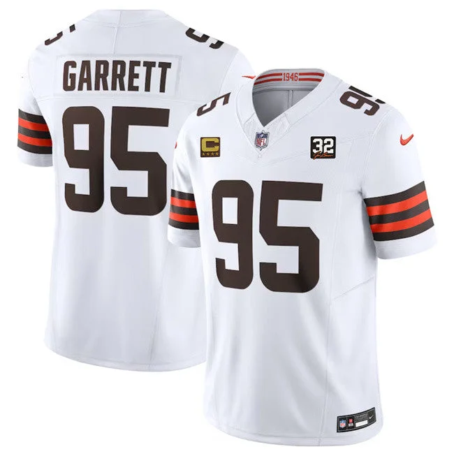 Football Jersey With Embroidered Logo-Men's Cleveland Browns #95 Myles Garrett White 2023 F.U.S.E. With 4-Star C Patch And Jim Brown Memorial Patch Vapor Untouchable Limited Football Stitched Jersey