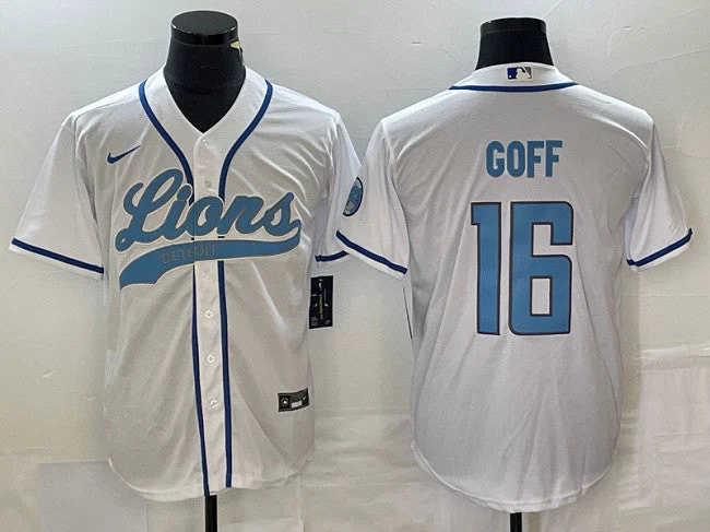 Baseball Jersey For Group Orders-Men's Detroit Lions #16 Jared Goff White Cool Base Stitched Baseball Jersey