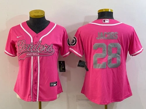 Baseball Jersey For School Spirit-Women's Las Vegas Raiders #28 Josh Jacobs Pink Silver With Patch Cool Base Stitched Baseball Jersey(Run Small)