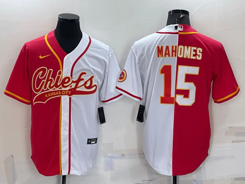 Baseball Jersey For Custom Team Jerseys-Men's Kansas City Chiefs #15 Patrick Mahomes Red White Two Tone With Patch Cool Base Stitched Baseball Jersey